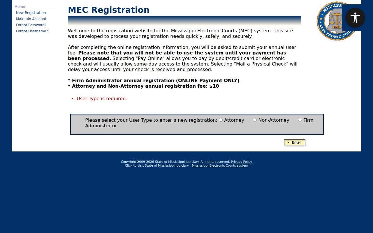 PAMEC registration page for Mississippi electronic court records