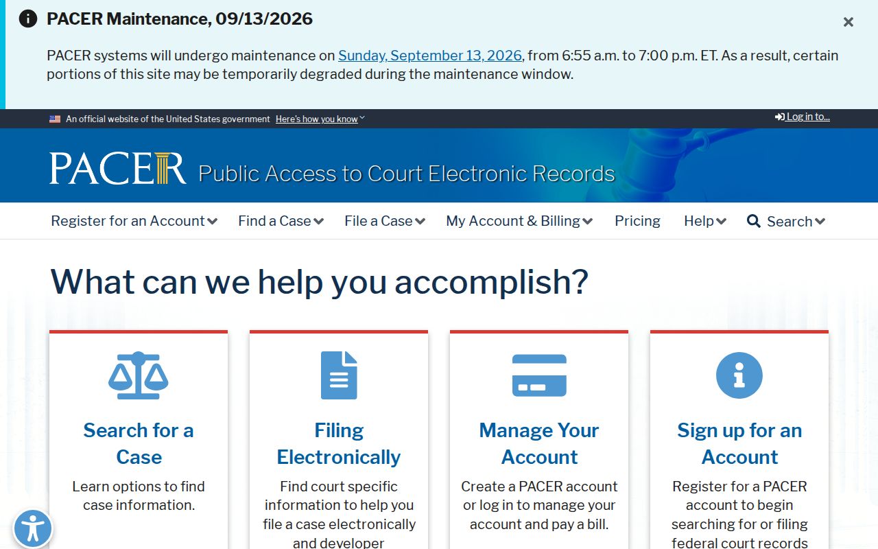 PACER federal court docket access page